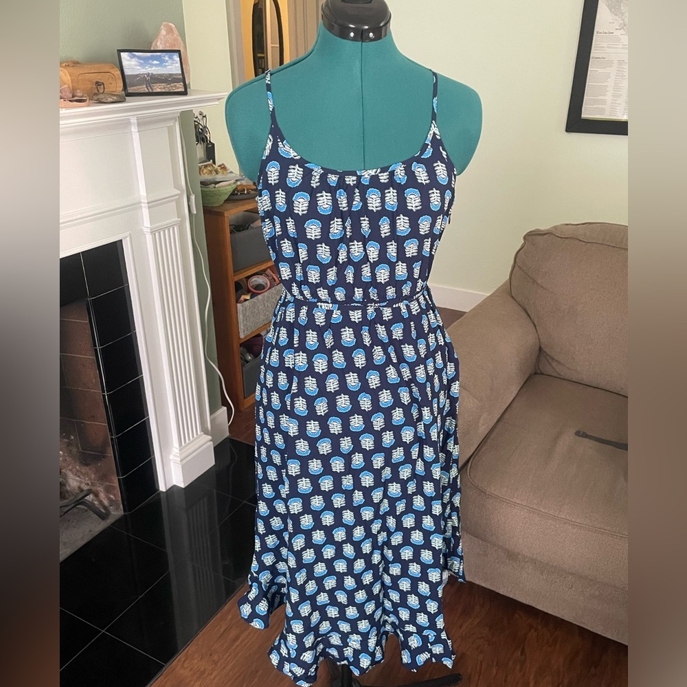 J Crew Ruffle Midi Dress with Curved Hem and Pockets